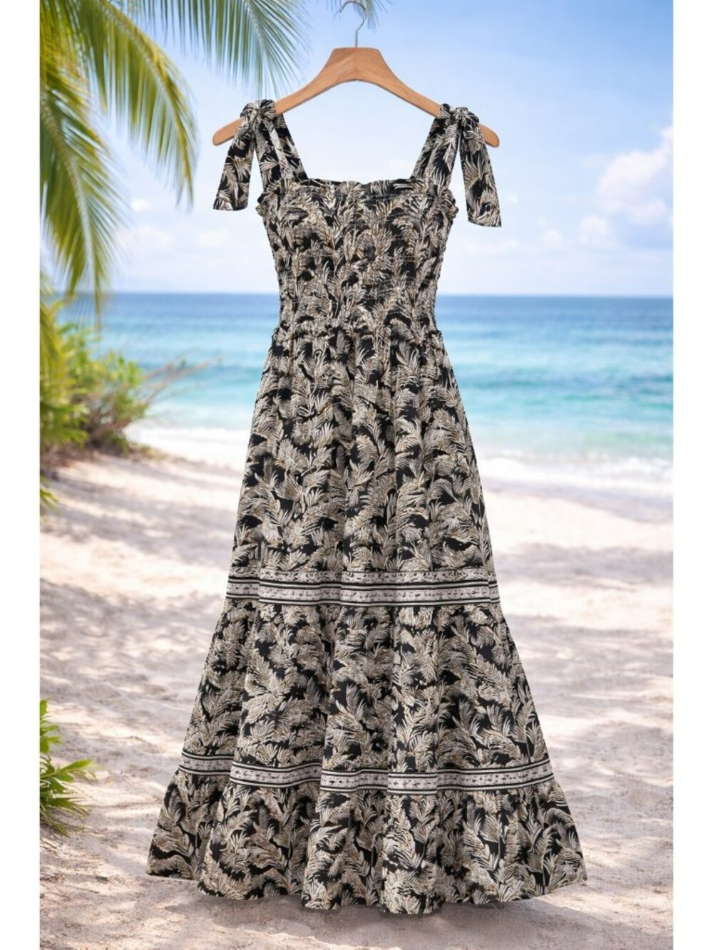 NWT Max Studio Floral Print Maxi Dress With Tie Straps Smocked Bodice & Tiered H